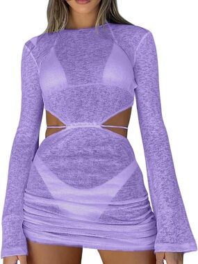 Lavender Cutout Long-Sleeve Bodycon Coverup Dress